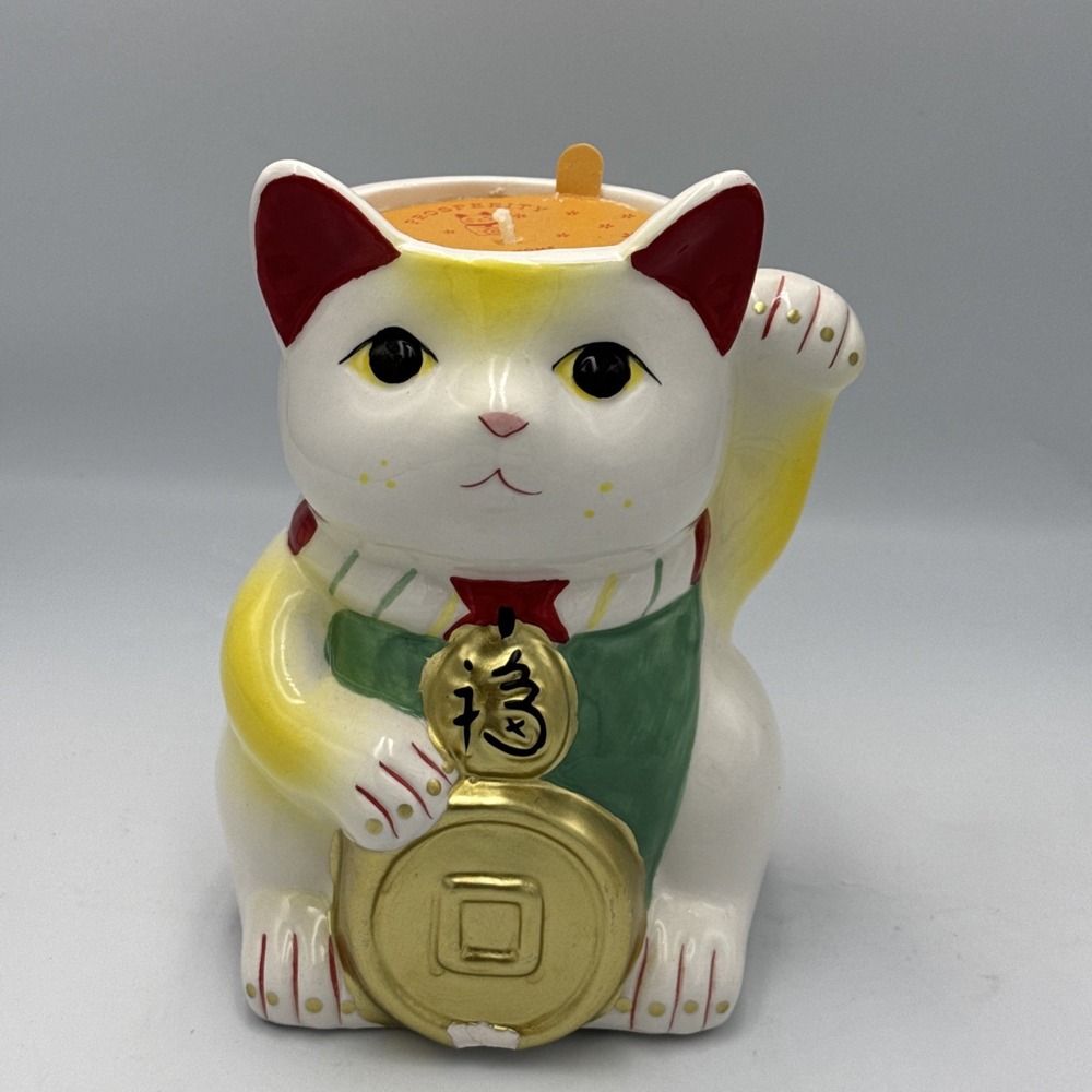 Lucky Cat Ceramic White Red Gold Prosperity Home Decor Candle Used Small Chip